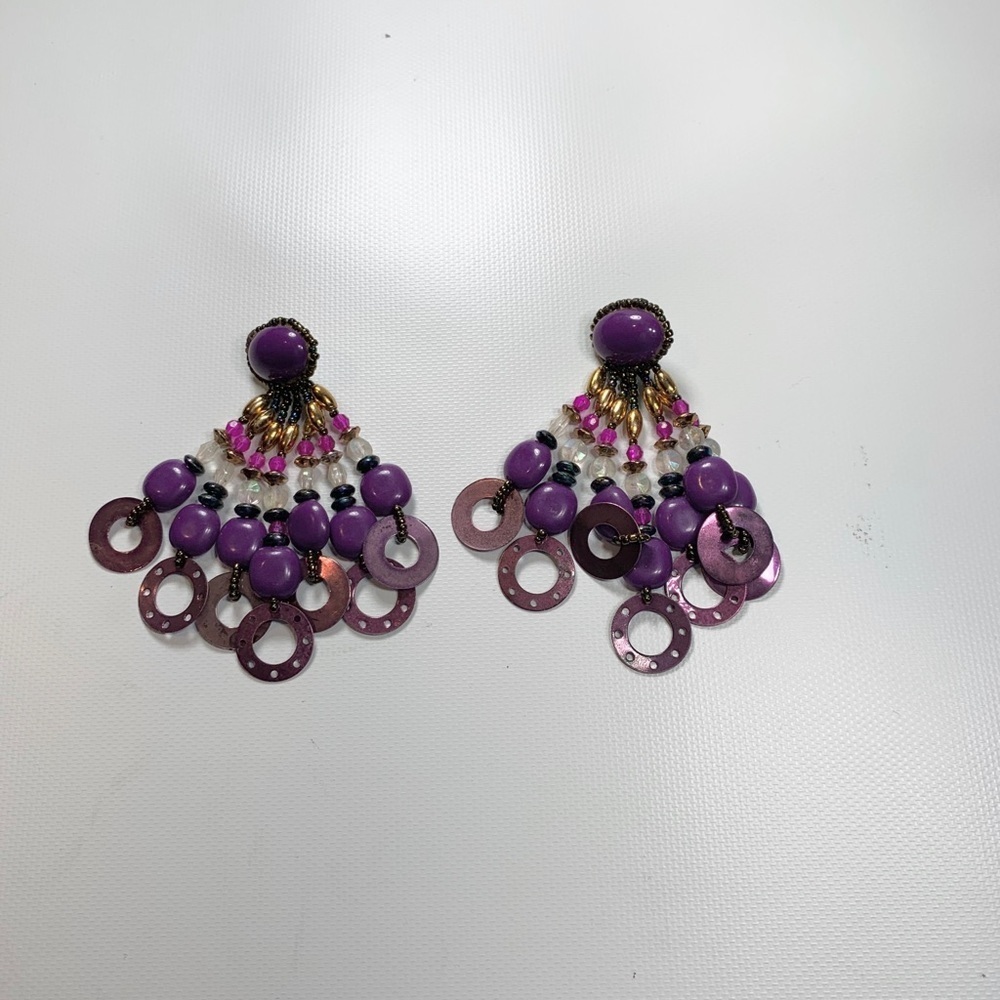 Purple Beaded Chunky Statement Earrings Sequins - Picture 5 of 8